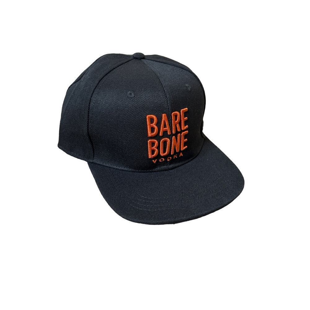 Bare Bone Vodka black flat bill hat/cap embroidered alcohol snap back NWOT
